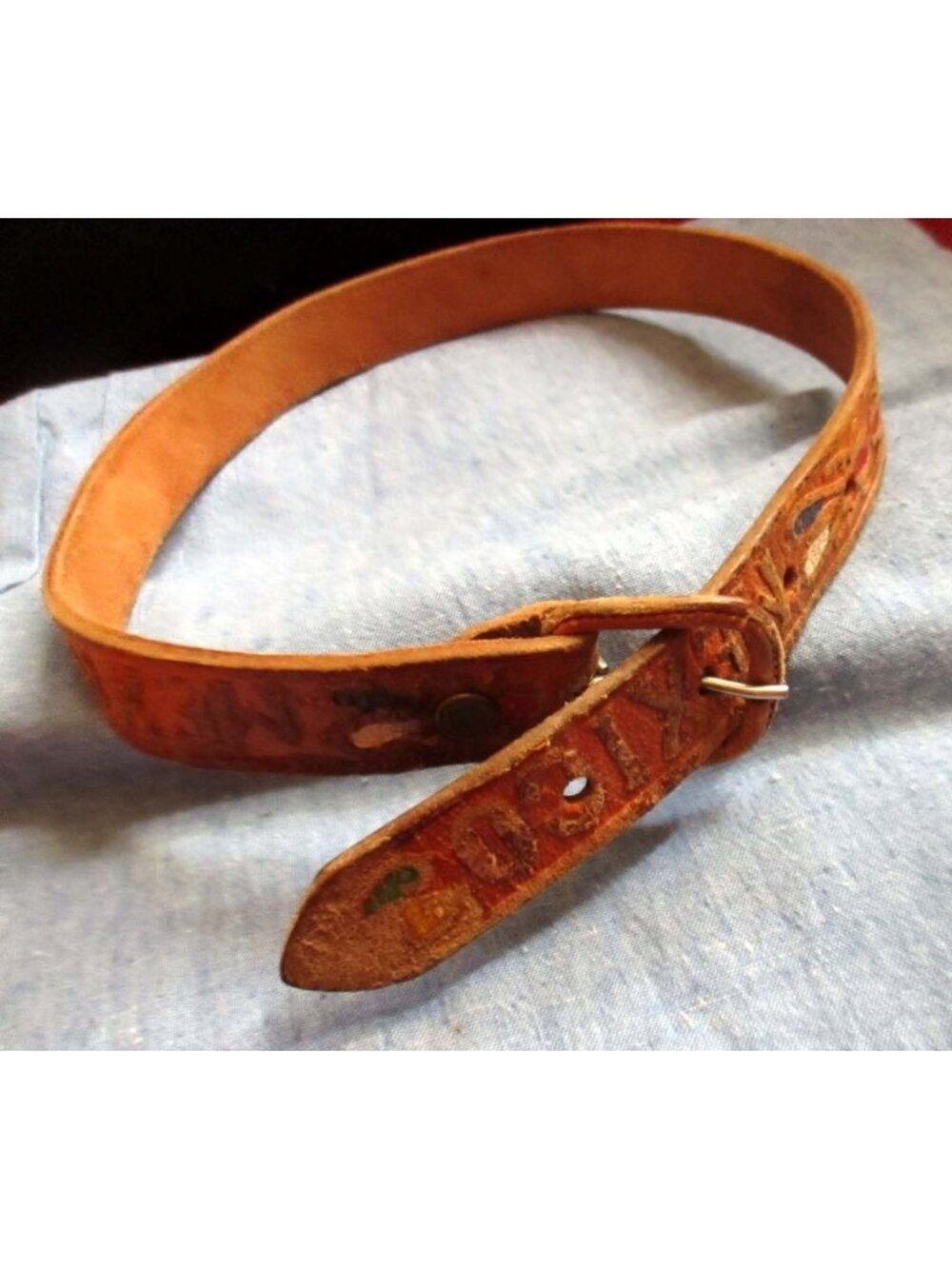 Womens Belt LEATHER TOOLED  20" 20W Vintage 1970s Mexico Cowboy Hippy PAINTED